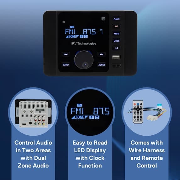control audio in two areas with dual zone audio, easy to read LED display with clock function, comes with wire harness and remote control