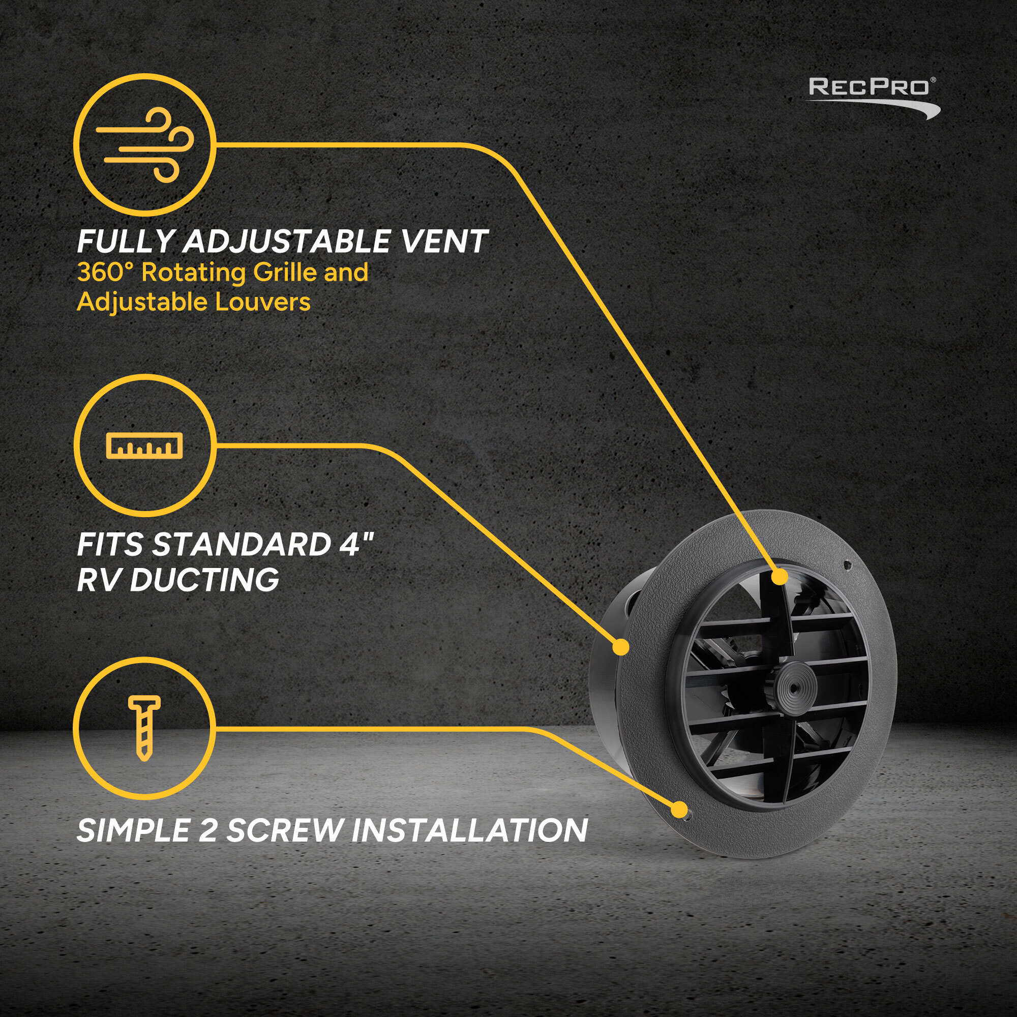 Fully Adjustable Vent, Fits Standard 4" RV Ducting, Simple 2 Screw Installation