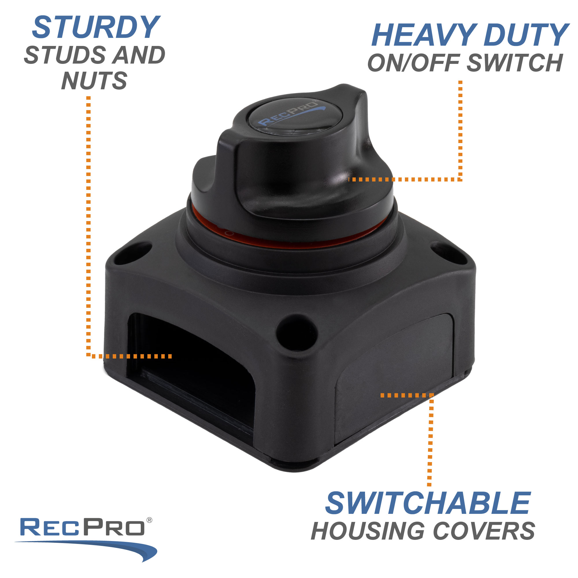 Sturdy studs and nuts. Heavy duty on/off switch. Switchable housing covers. Sturdy studs and nuts. Heavy duty on/off switch. Switchable housing covers.