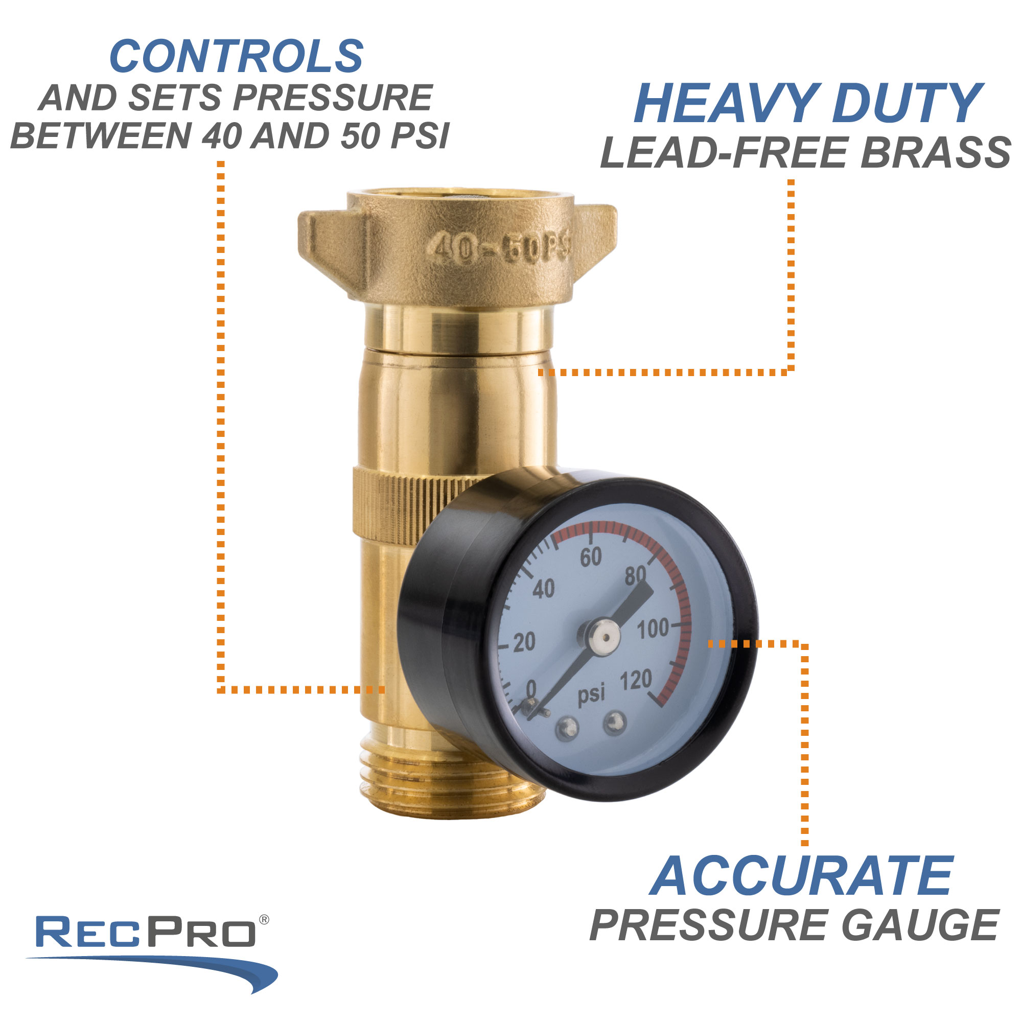 RecPro RV Brass Water Pressure Regulator with Gauge