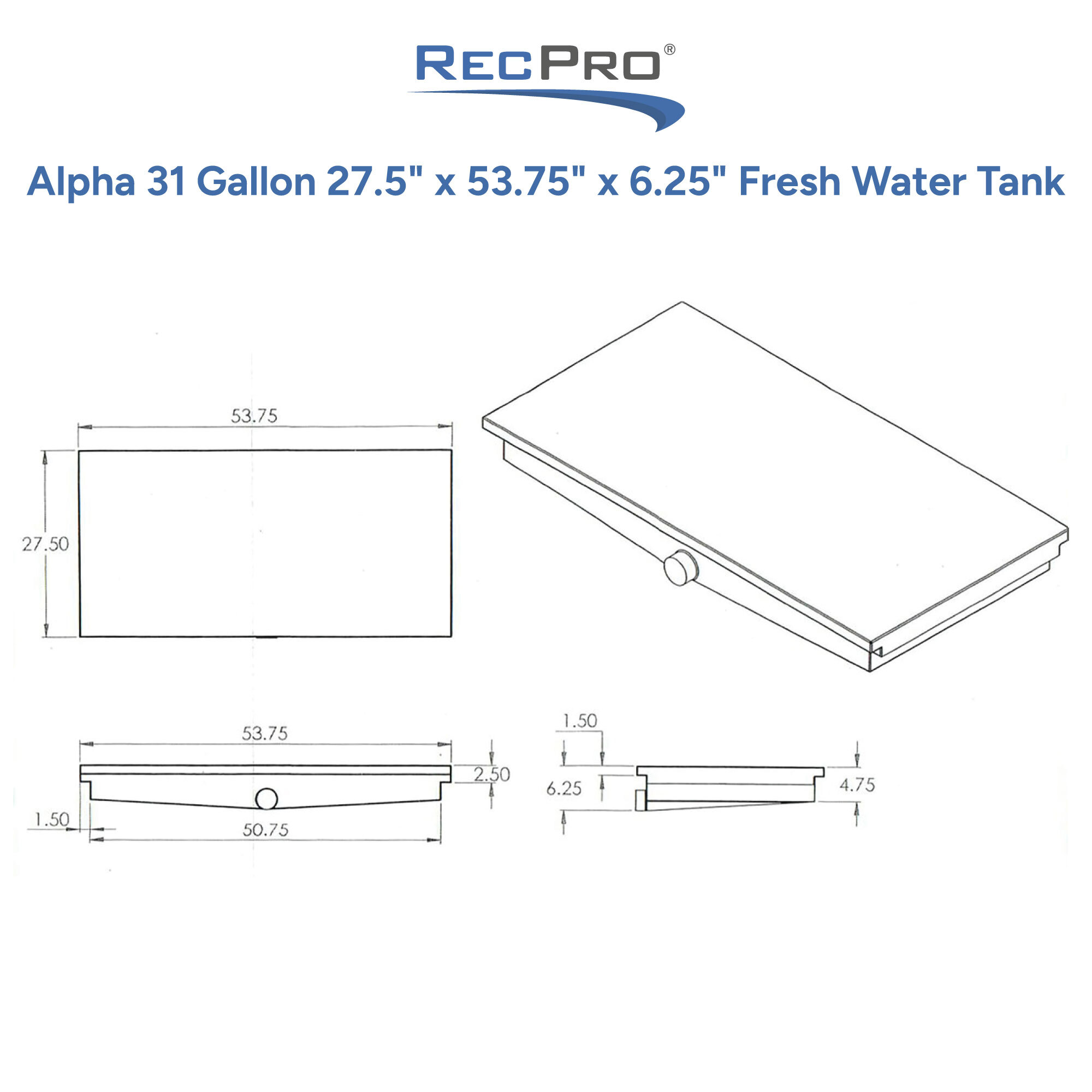 Alpha 31 Gallon 27.5 x 53.75 x 6.25 Fresh Water Tank Measurements 