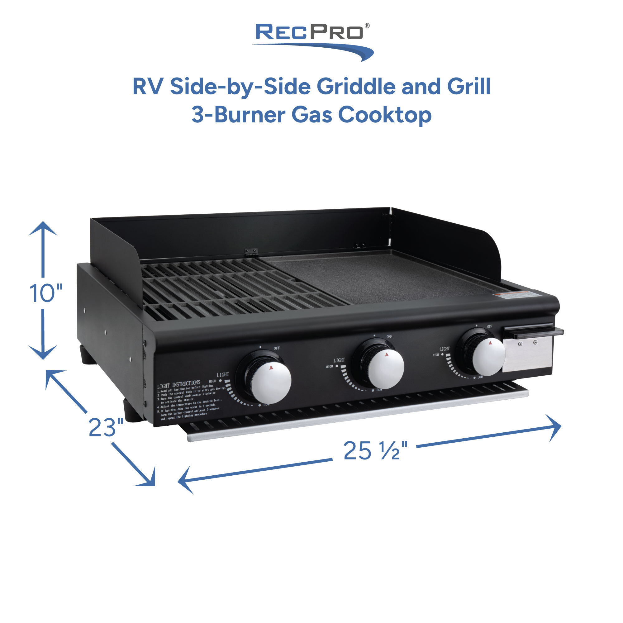RV Side-by-Side Griddle and Grill 3-Burner Gas Cooktop Measurements 
