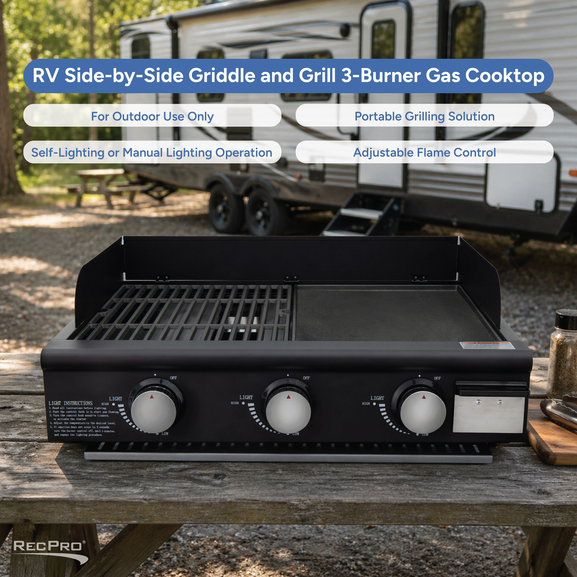 For Outdoor Use Only, Portable Grilling Solution, Self-Lighting or Manual, Adjustable Flame