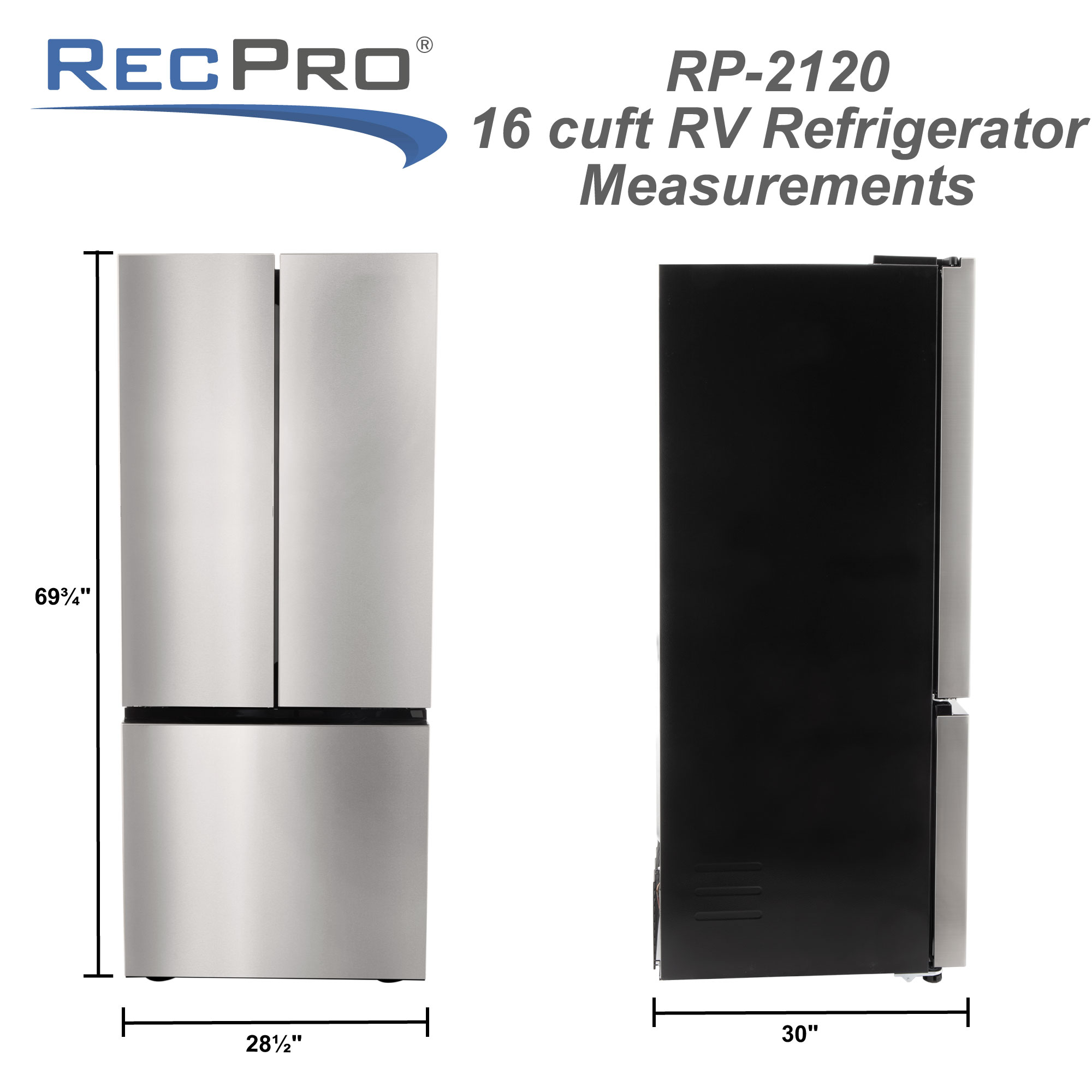 RecPro RV Refrigerator Stainless Steel 10.7 Cubic Feet 12V 2 Door Fridge