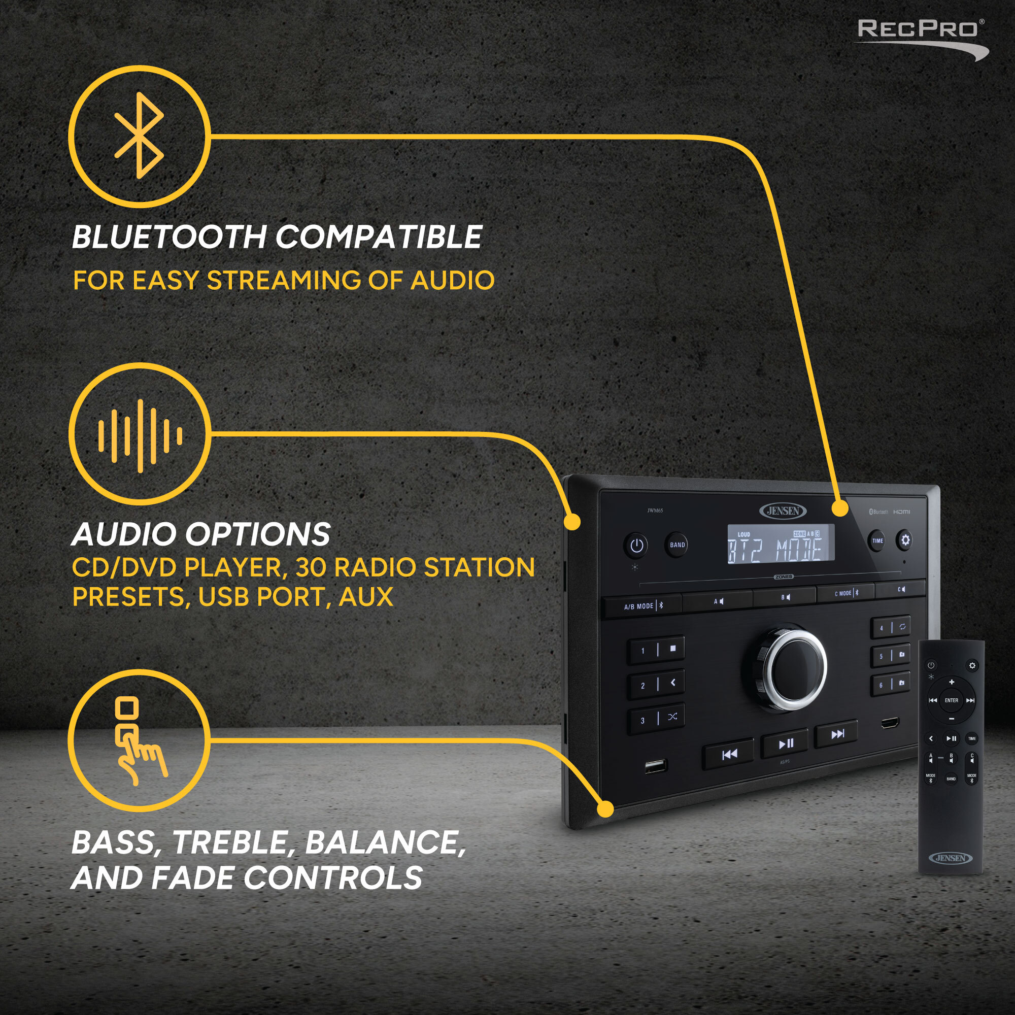 Bluetooth Compatible, Audio Options, Bass, Treble, Balance, and Fade Controls Bluetooth Compatible, Audio Options, Bass, Treble, Balance, and Fade Controls