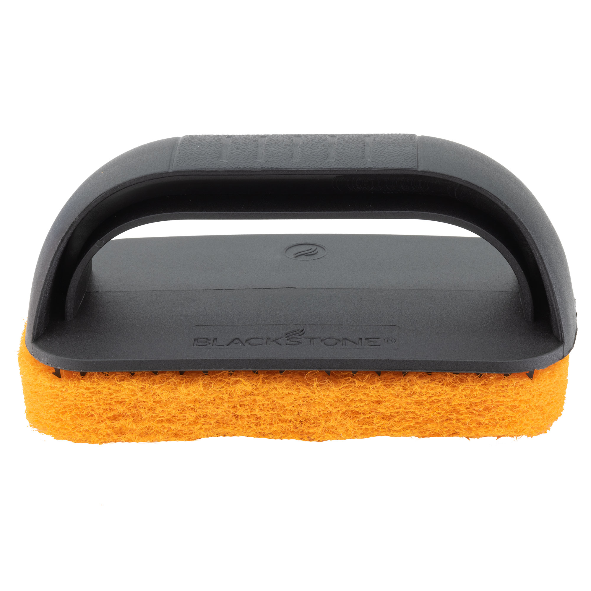 Scour pad with black plastic handle front view.