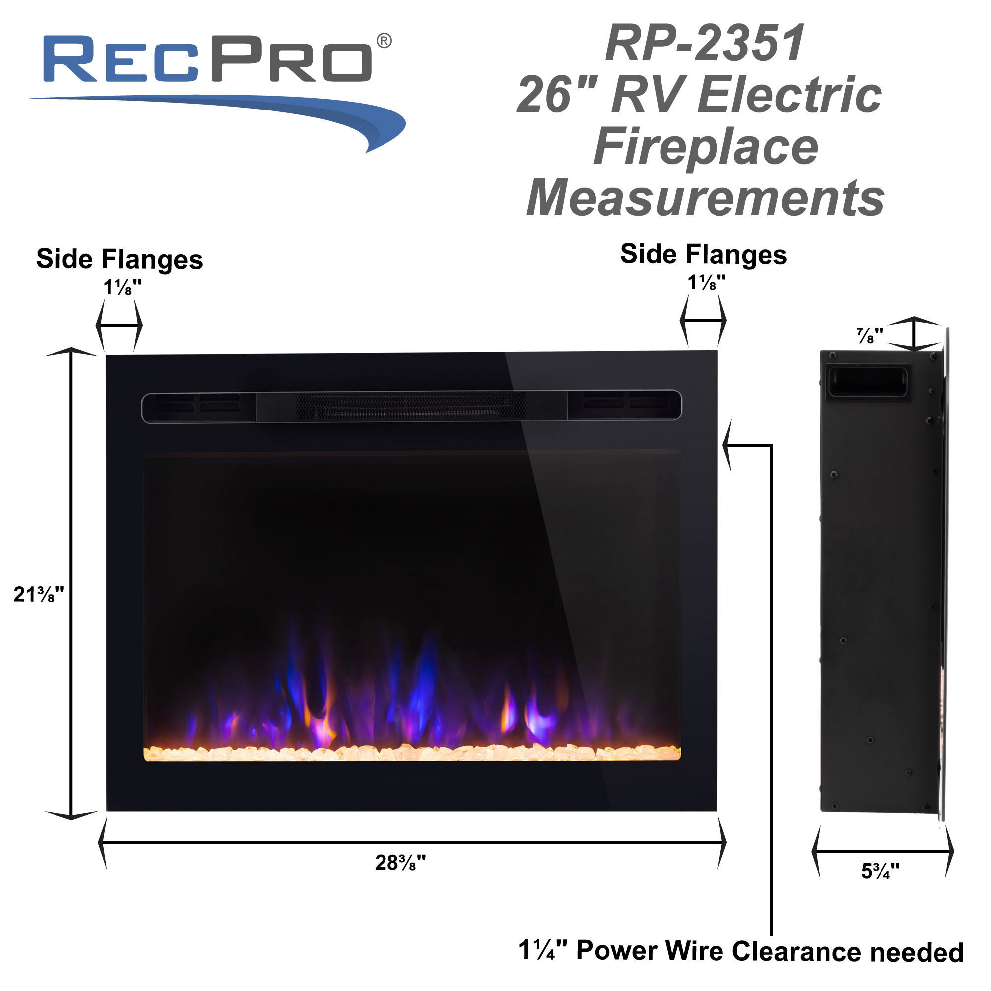 RV Electric Fireplace 26" Flat Glass