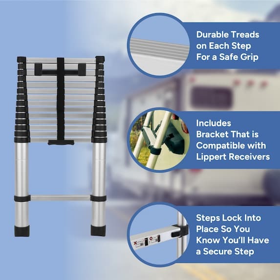 features durable treads, includes bracket that is compatible with lippert receivers, steps lock into place