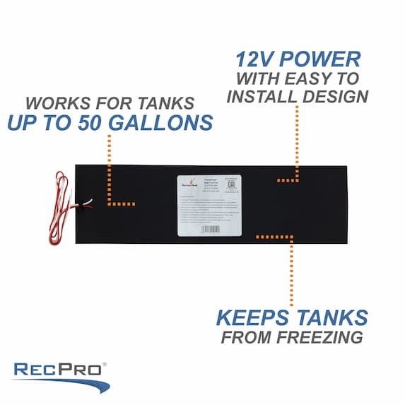 works for tanks up to 50 gallons, 12V power with easy to install design, keeps tanks from freezing