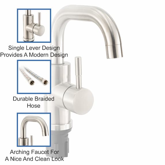 single lever design, braided hose, arching faucet