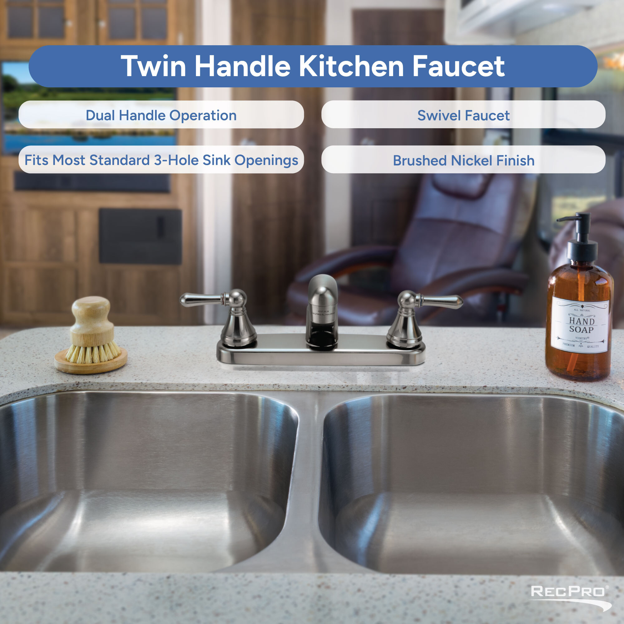Dual Handle, Swivel Faucet, Fits Most Standard 3-Hole Sink Openings, Brushed Nickle Finish 