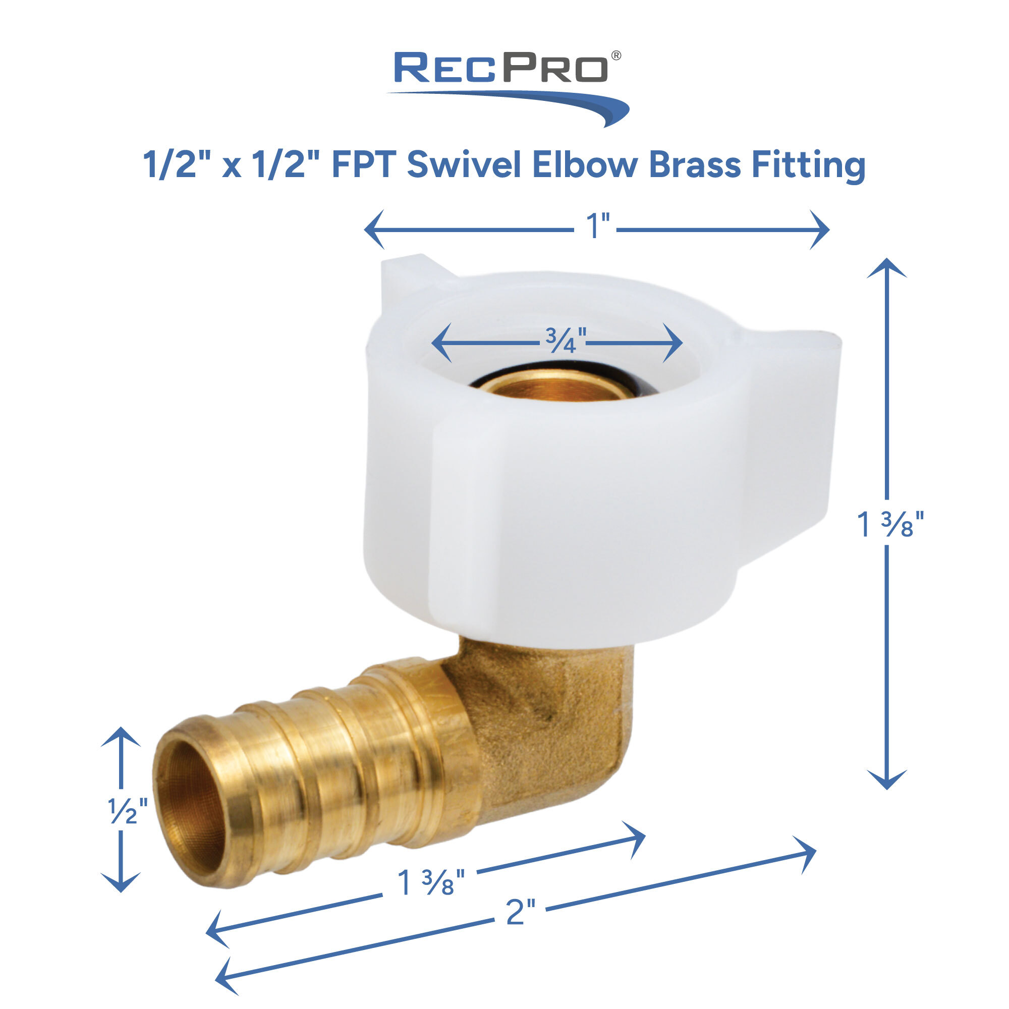 1/2 x 1/2 FPT Swivel Elbow Brass Fitting Measurements