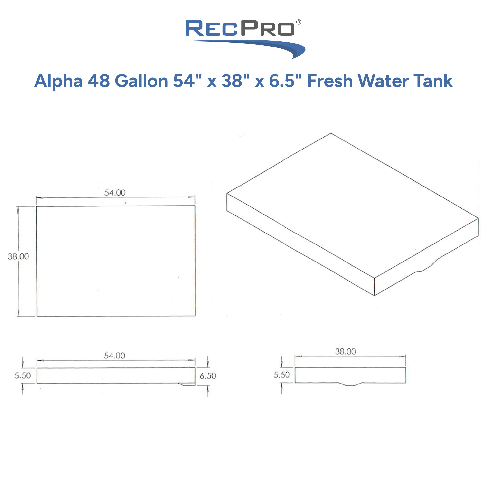 Alpha 48 Gallon 54 x 38 x 6.5 Fresh Water Tank Measurements 