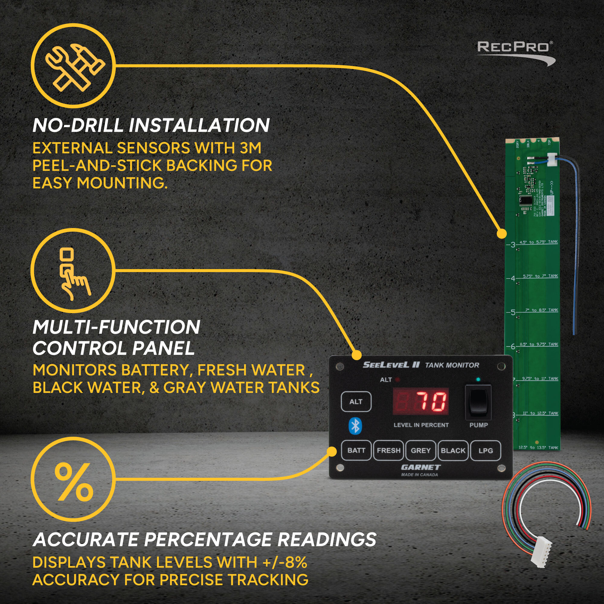 No-Drill Installation, Multi-Funstion Control Panel, Accurate Percentage Readings 