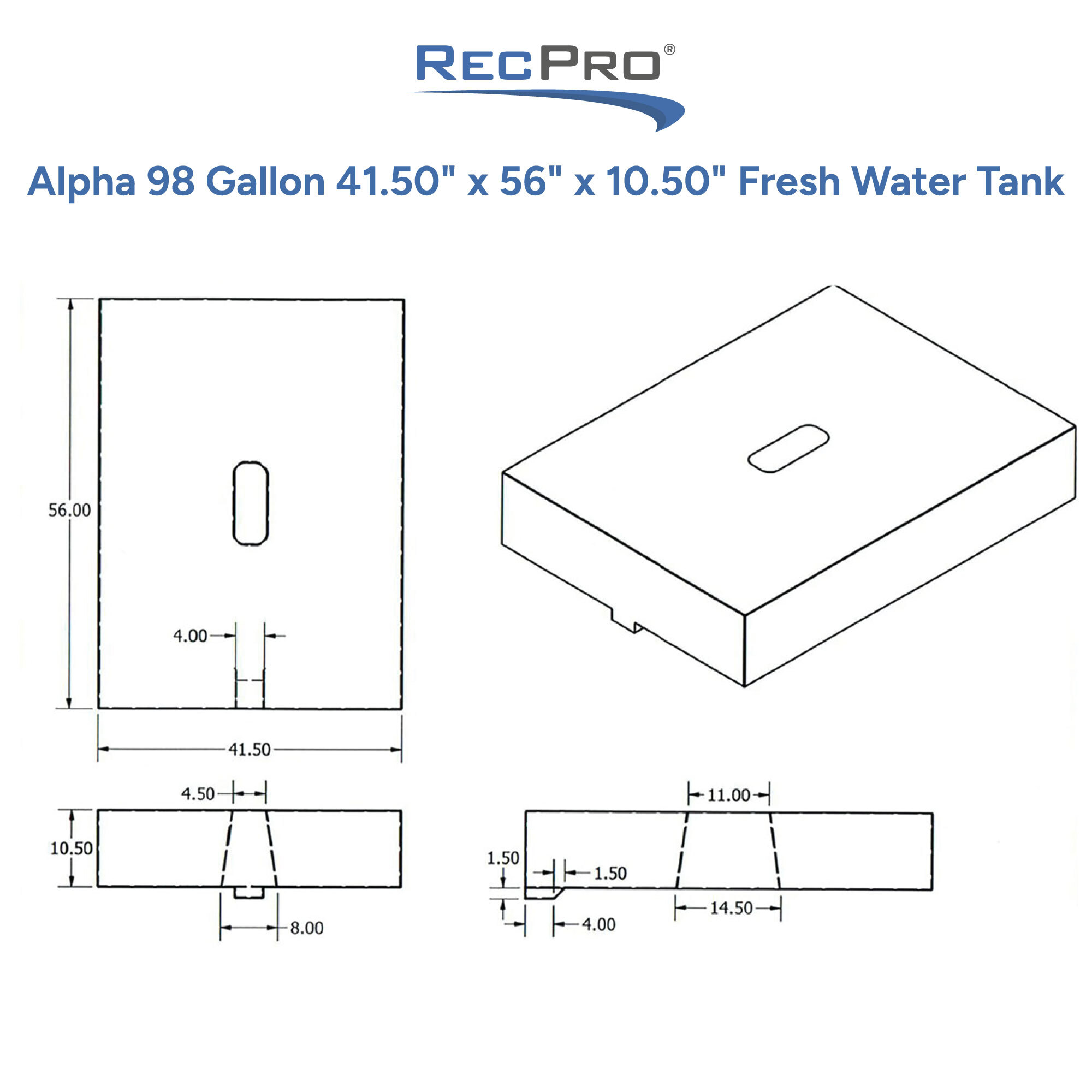 Alpha 98 Gallon 41.5 x 56 x 10.50 Fresh Water Tank Measurements 