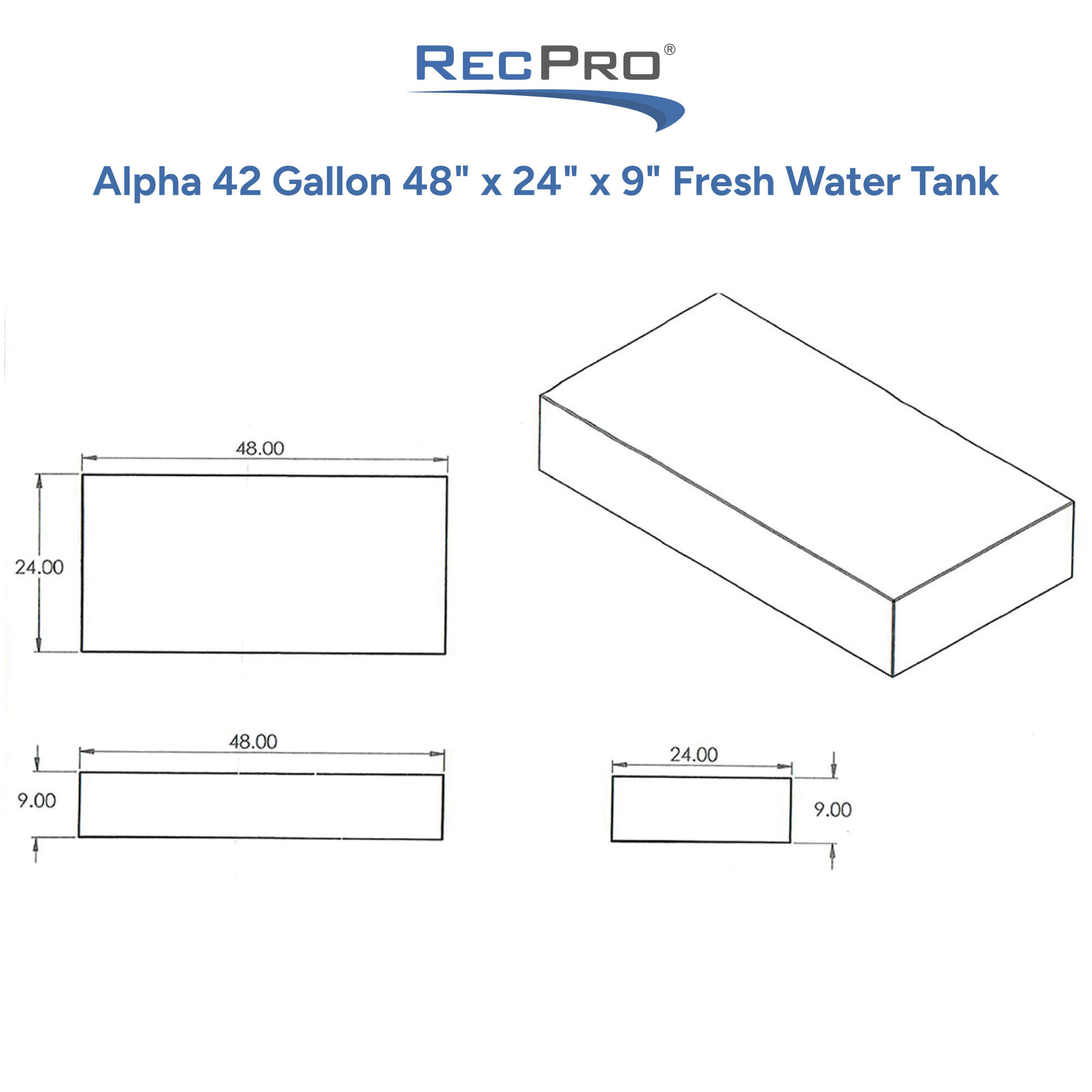 Alpha 42 Gallon 48 x 24 x 9 Fresh Water Tank Measurements 