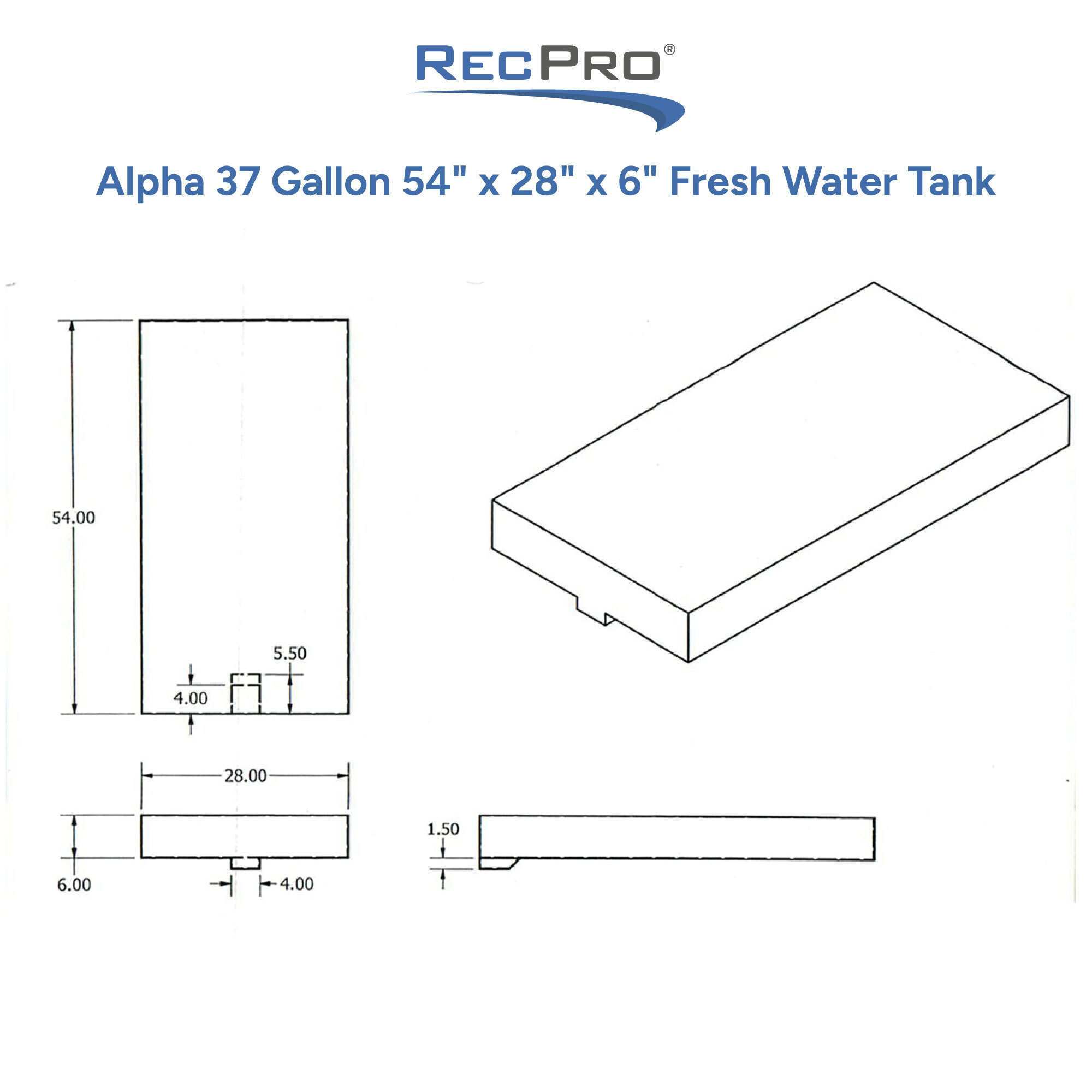 Alpha 37 Gallon 54 x 28 x 6 Fresh Water Tank Measurements 