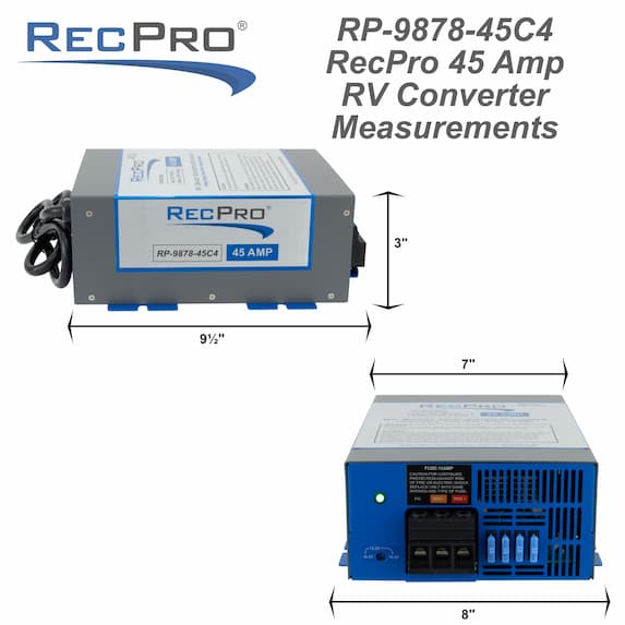 Blue and gray RecPro RV 45 amp smart charging converter measurements.