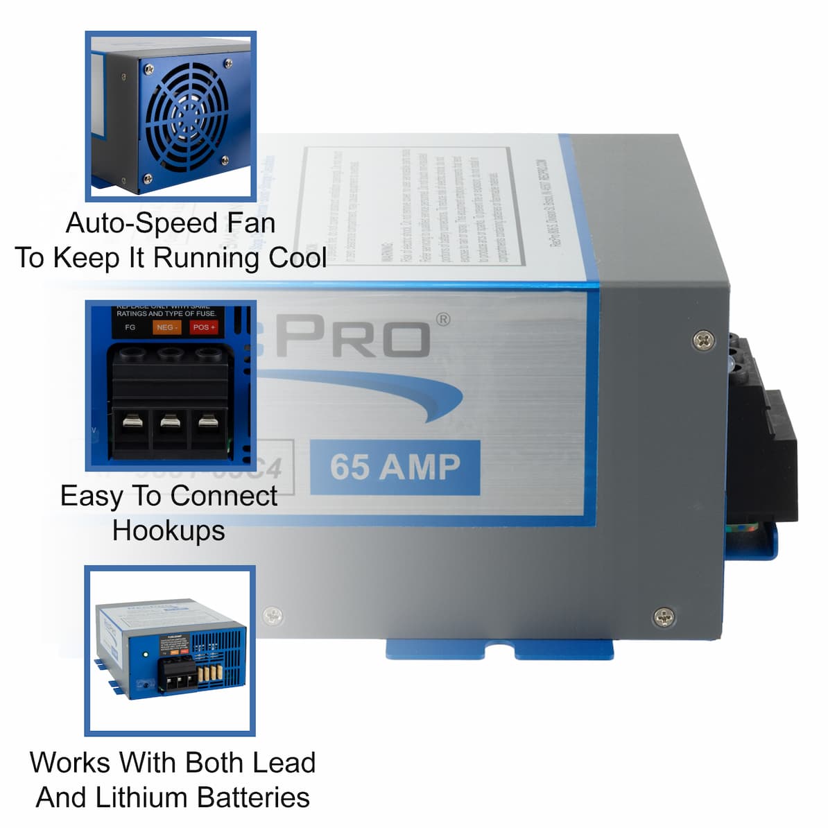Auto-speed fun to keep it running cool. Easy to connect hookups. Works with both lead and lithium batteries. Auto-speed fun to keep it running cool. Easy to connect hookups. Works with both lead and lithium batteries.