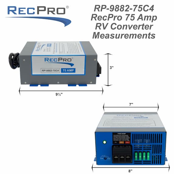 Blue and gray RecPro RV 35 amp smart charging converter measurements.