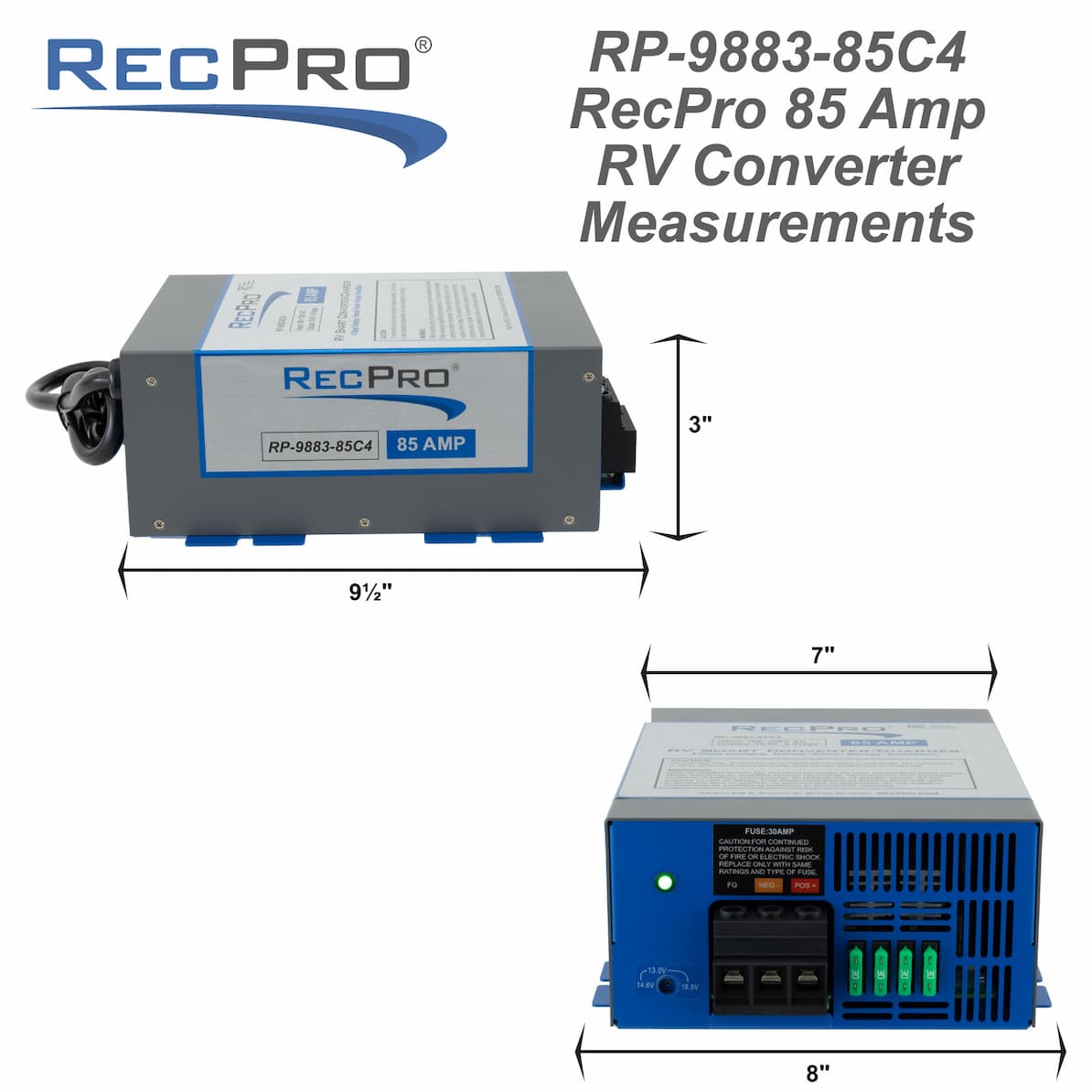 Blue and gray RecPro RV 85 amp smart charging converter measurements. Blue and gray RecPro RV 85 amp smart charging converter measurements.