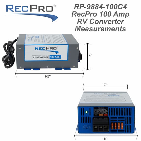 Blue and gray RecPro RV 100 amp smart charging converter measurements.