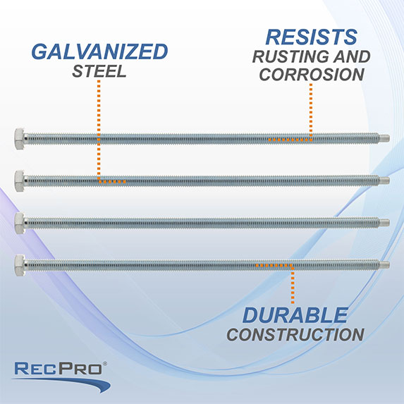 Galvanized steel. Resists rusting and corrosion. Durable construction.