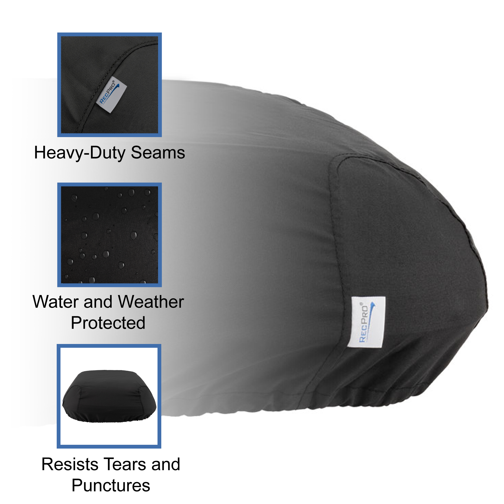 Heavy duty seams. Water and weather protected. Resists tears and punctures.