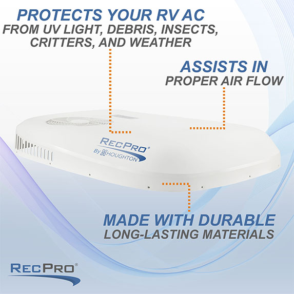 AC shroud features. Protects your RV AC from the elements. Assists in proper air flow. Made with durable materials.