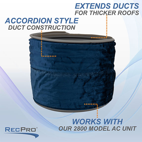 Accordion style duct construction. Extends ducts for thicker roofs. Works with our 2800 model AC unit.