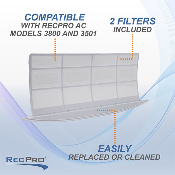 Compatible with RecPro AC models 3800 and 3501. 2 filters included. Easily replaced or cleaned.