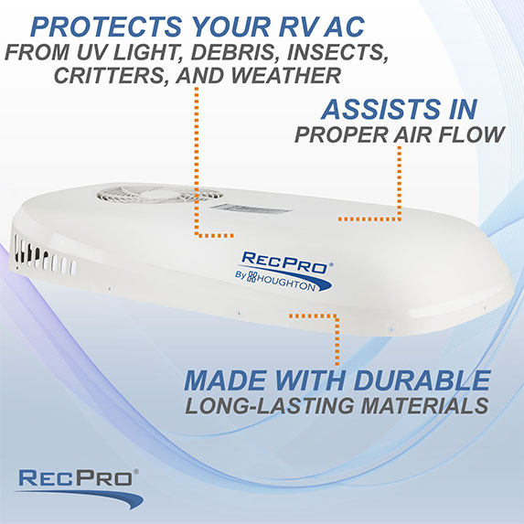 AC shroud features. Protects your RV AC from the elements. Assists in proper air flow. Made with durable materials.