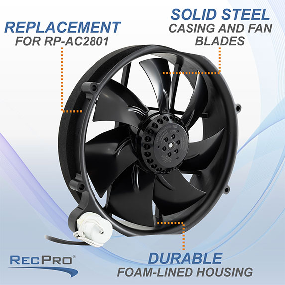 Replacement for RP-AC2801. Solid steel casing and fan blades. Durable foam-lined housing.