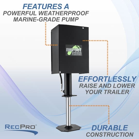 features weatherproof marine-grade pump, effortlessy raise and lower your trailer, durable construction