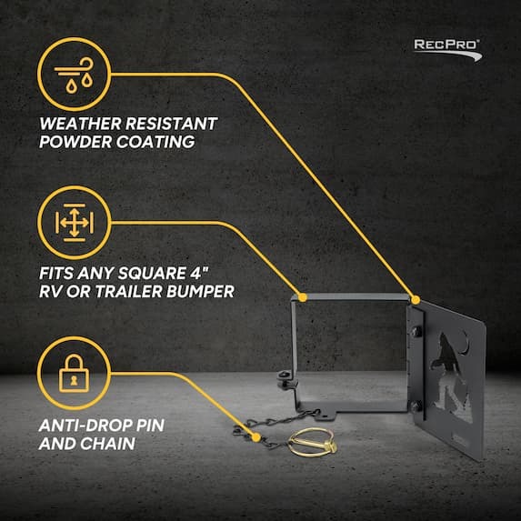 weather resistant powder coating, fits any square 4" rv or trailer bumper, anti-drop pin and chain