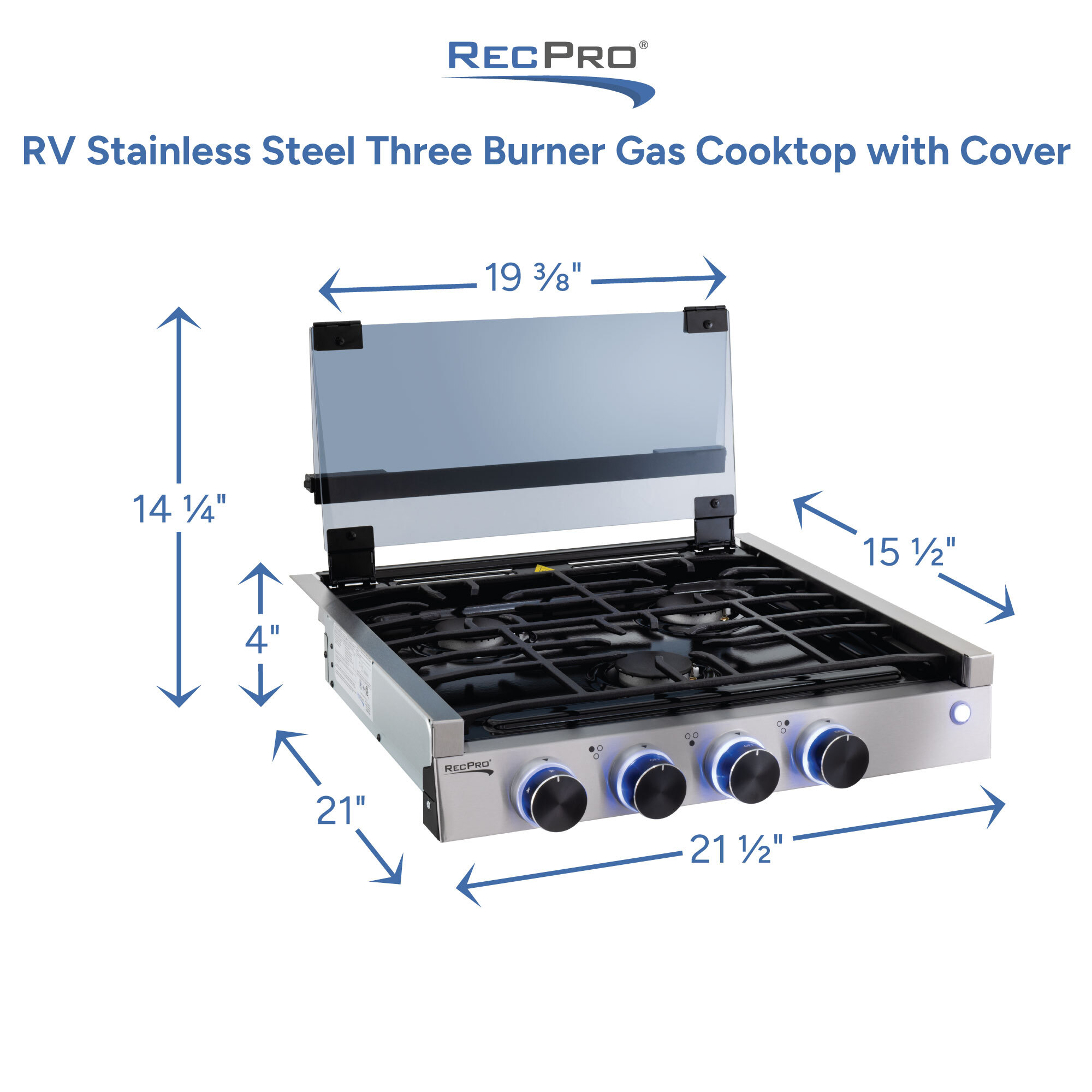 RV Stainless Steel Three Burner Gas Cooktop with Cover Measurements 