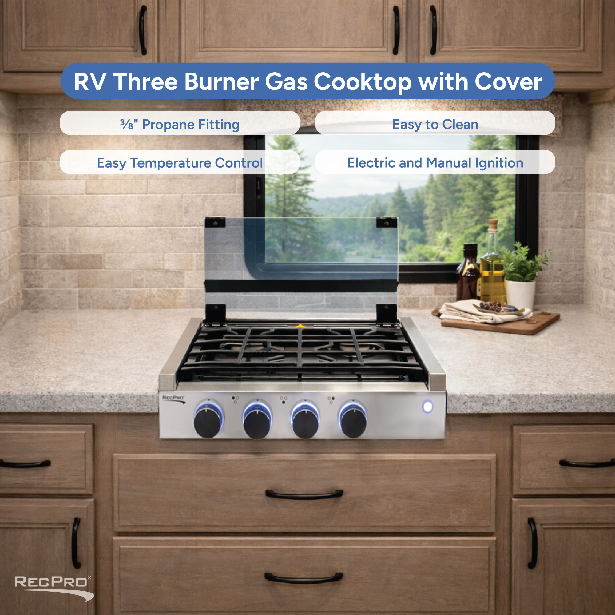 RV Three Burner Gas Cooktop with Cover Infographic 