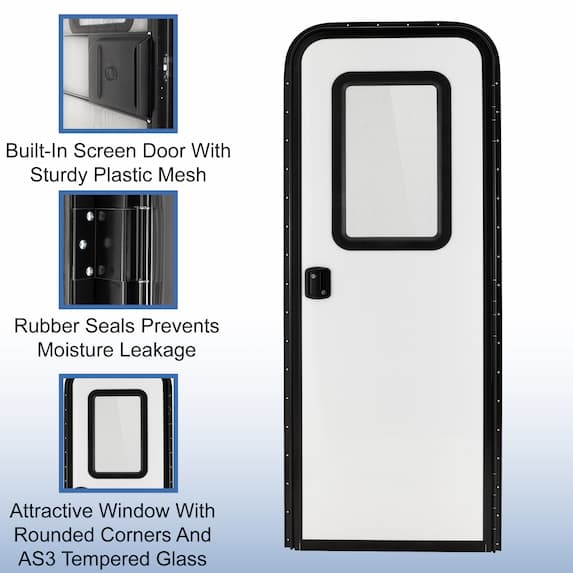 built in screen door with sturdy plastic mesh, rubber seals prevent leaking, attractive window with rounded corners and tempered glass