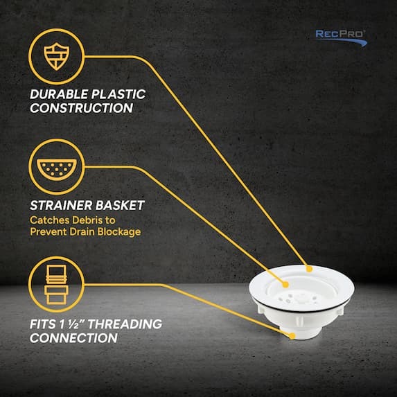 durable plastic construction, strainer basket, fits 1 1/2" threading connection