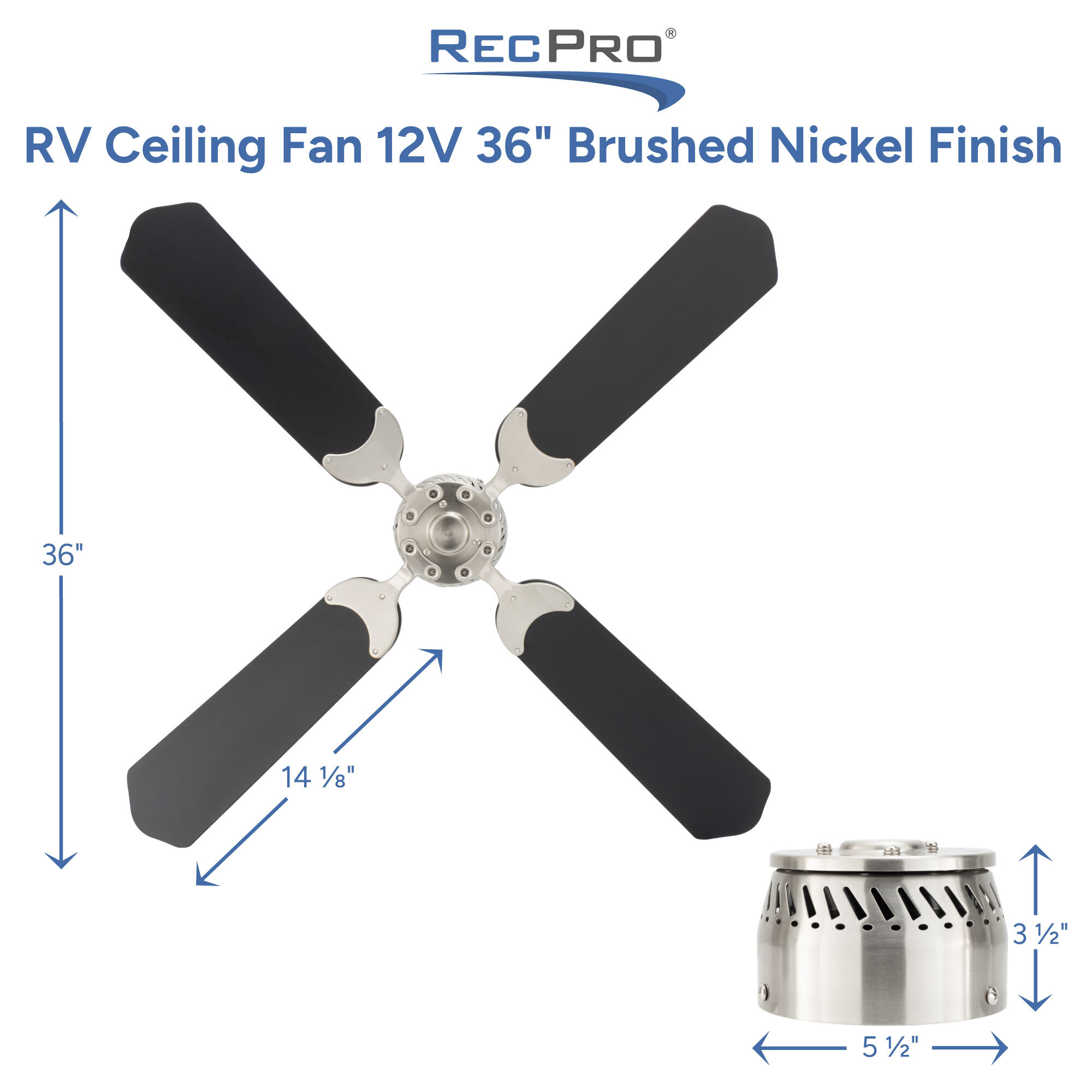 RV Ceiling Fan 12V 36" Brushed Nickel Finish Measurements 