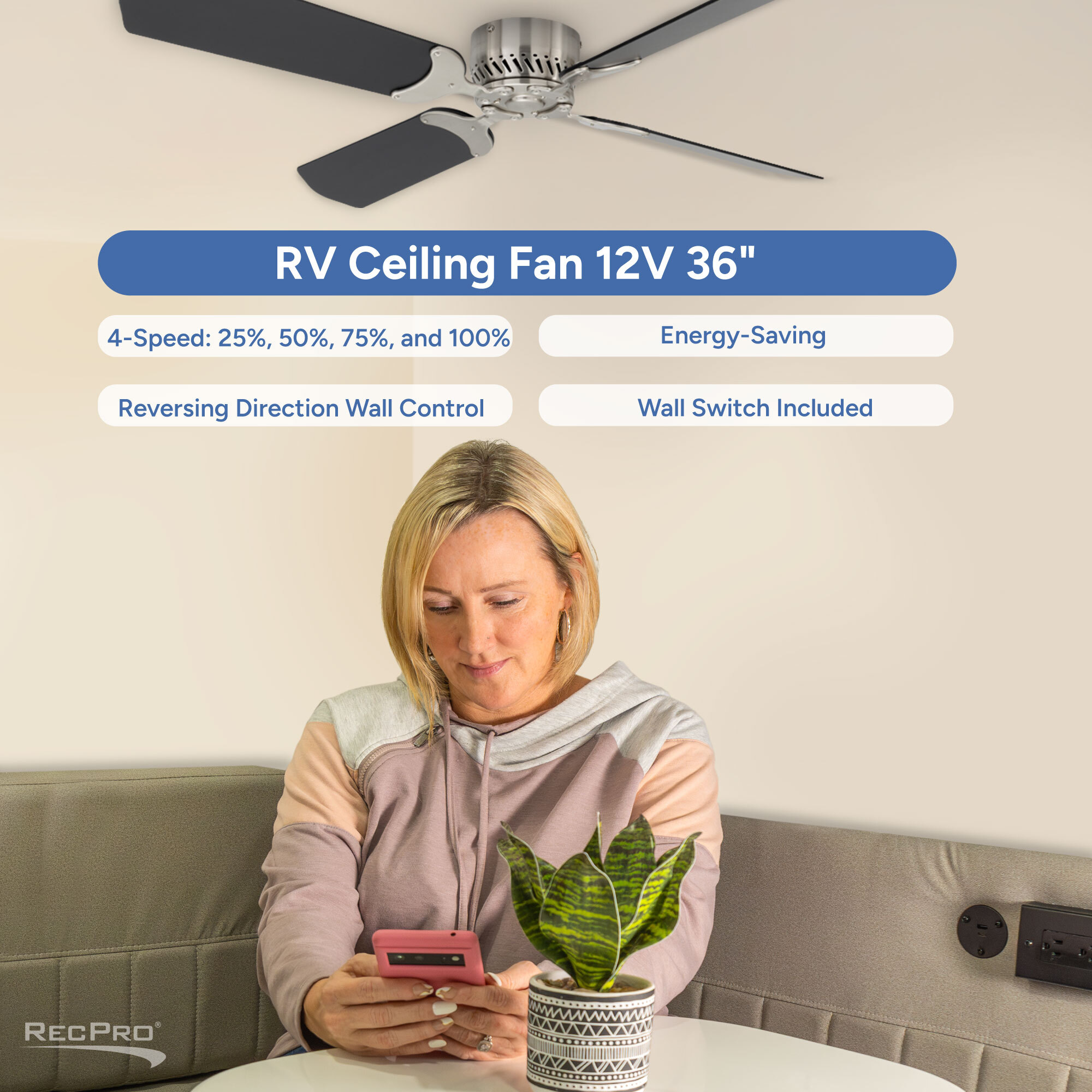 RV Ceiling Fan 12V 36" Features 