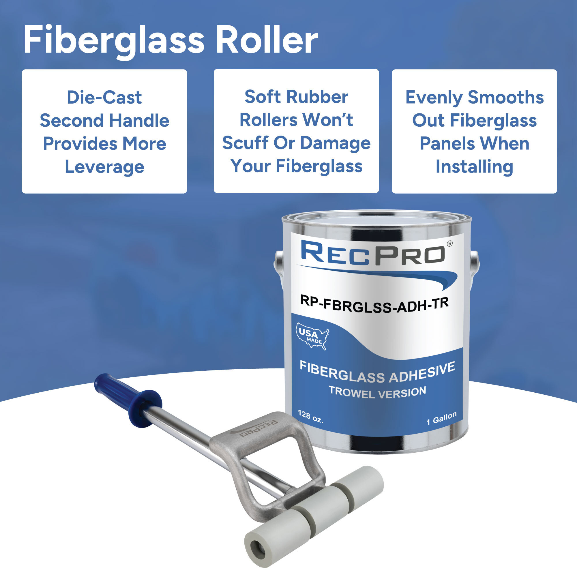 Die-Cast Second Handle, Soft Rubber Rollers Won't Scuff or Damage, Evenly Smooths Out Fiberglass Panels