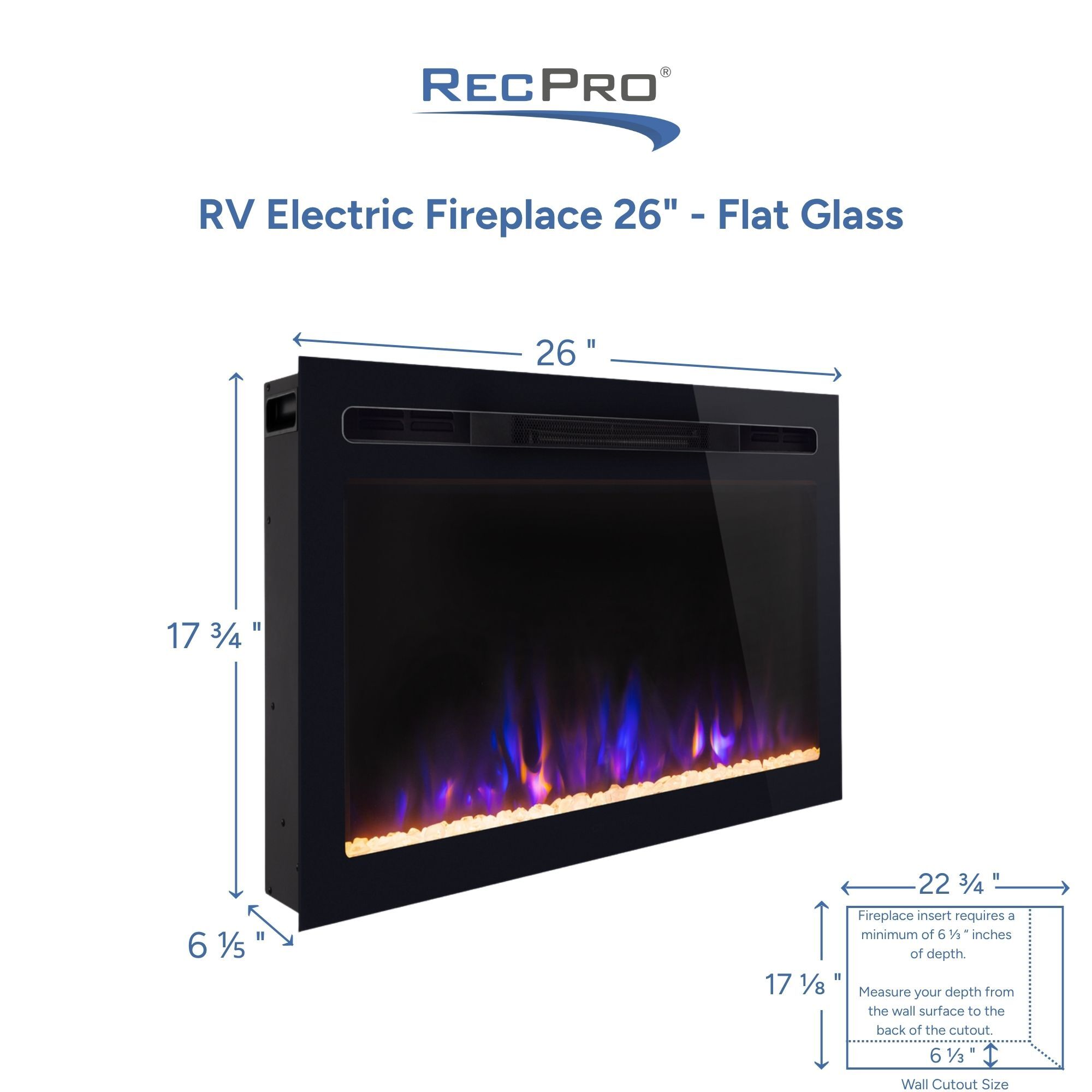 RV Electric Fireplace 26" Flat Glass Measurements