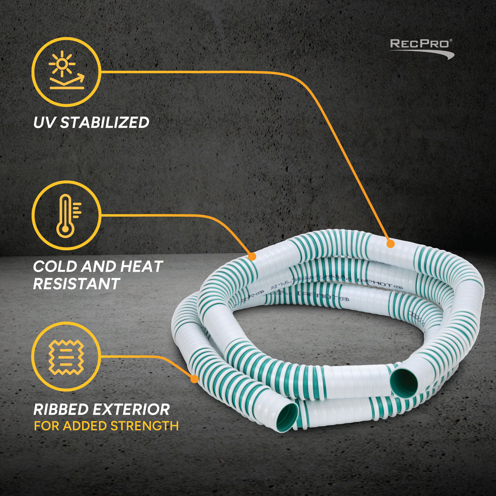 UV Stabilized, Cold and Heat Resistant, Ribbed Exterior UV Stabilized, Cold and Heat Resistant, Ribbed Exterior