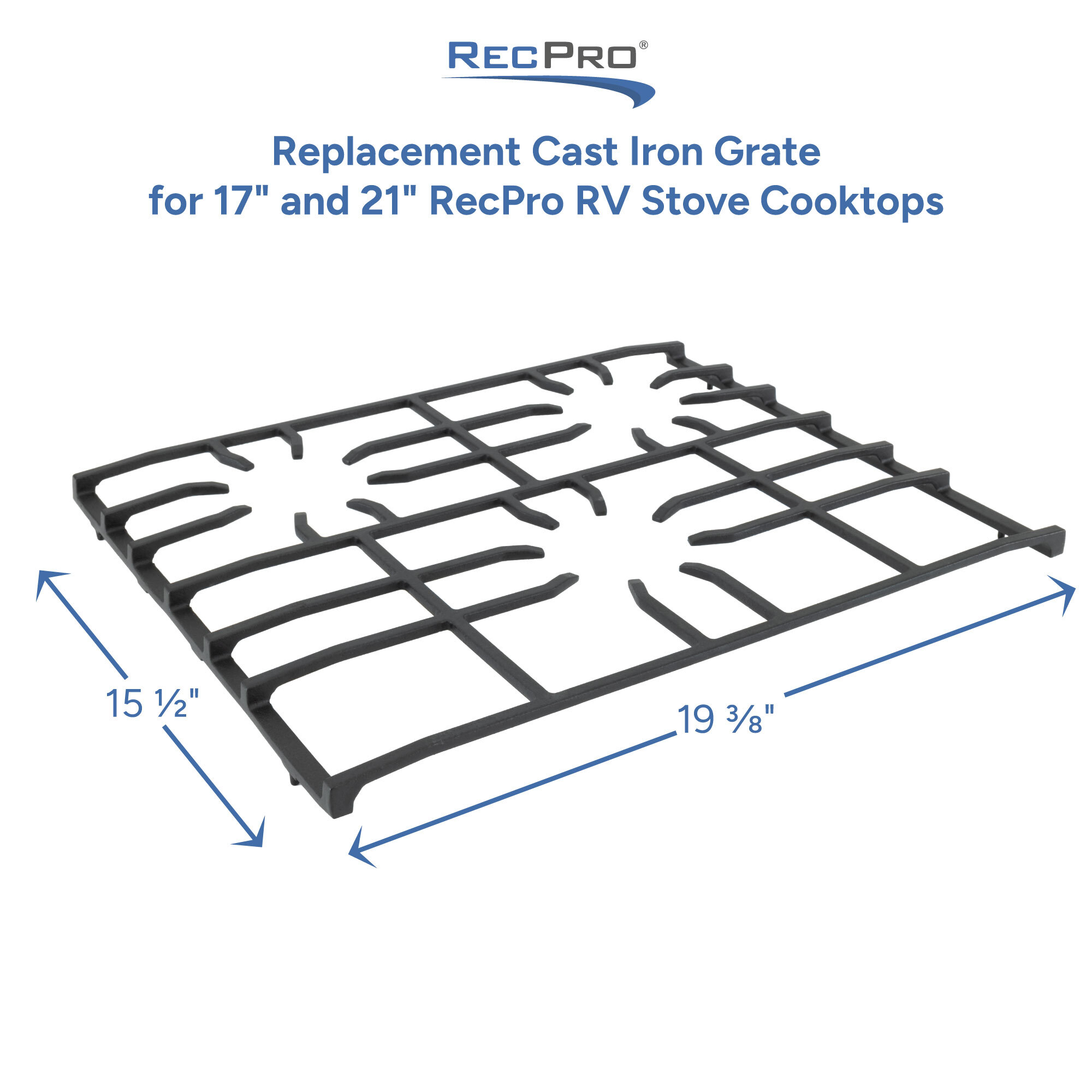 Replacement Cast Iron Grate for 17" and 21" RecPro RV Stove Cooktops Measurements