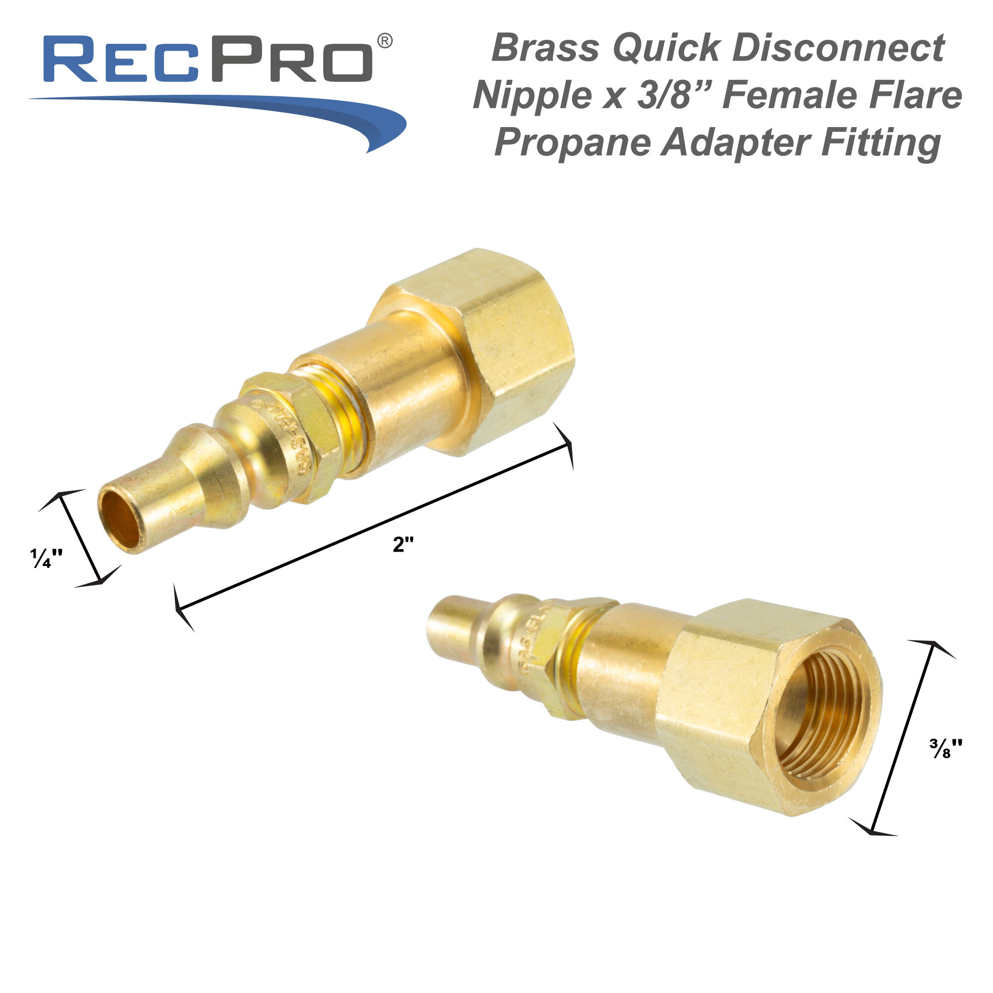 Brass Quick Disconnect Nipple x 3/8" Female Flare Propane Adapter Fitting Measurements Brass Quick Disconnect Nipple x 3/8" Female Flare Propane Adapter Fitting Measurements