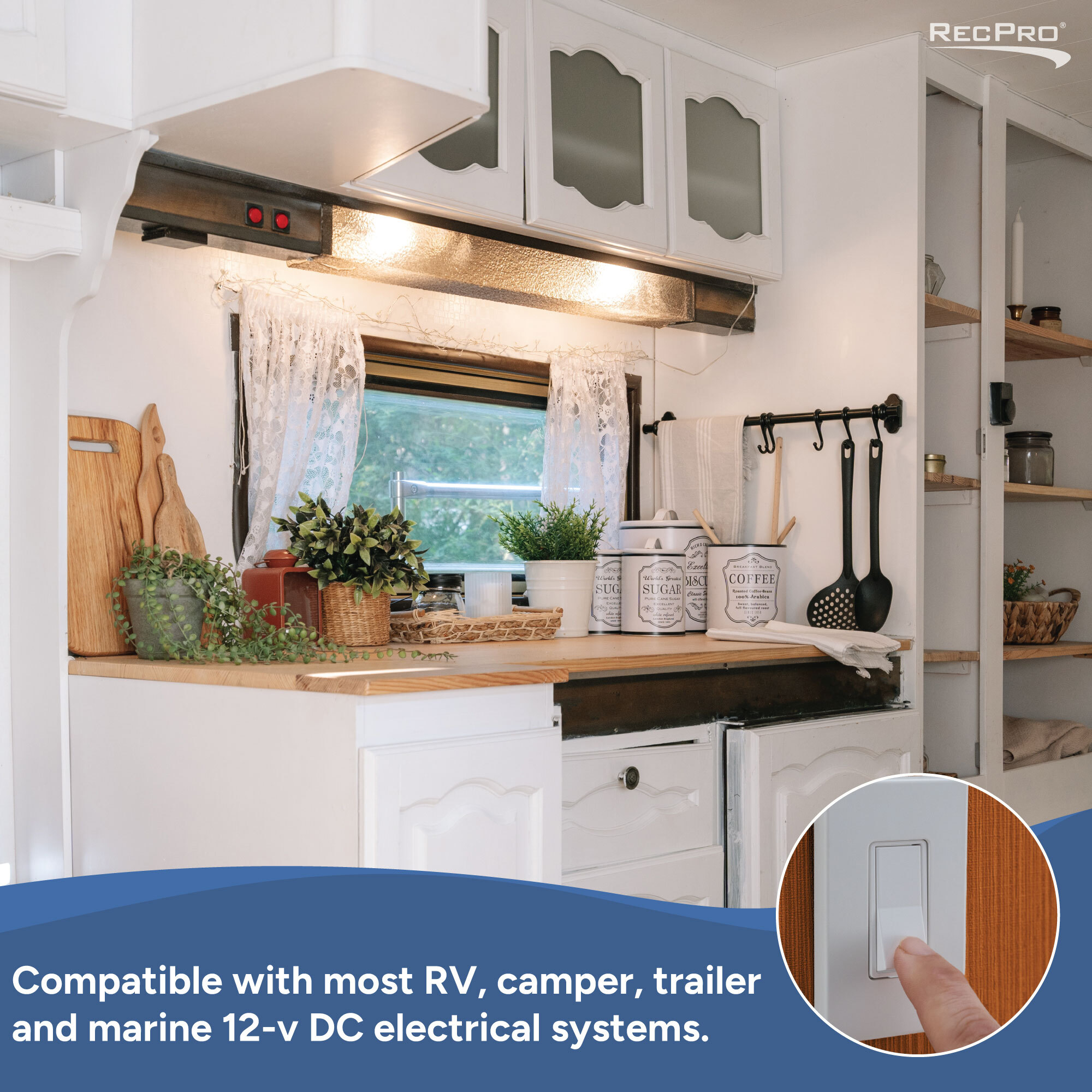 Compatible with most RV, camper, trailer and marine 12-v DC electrical systems. 