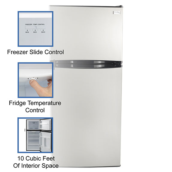 Freezer slide control. Fridge temperature control. Ten cubic feet of interior space.