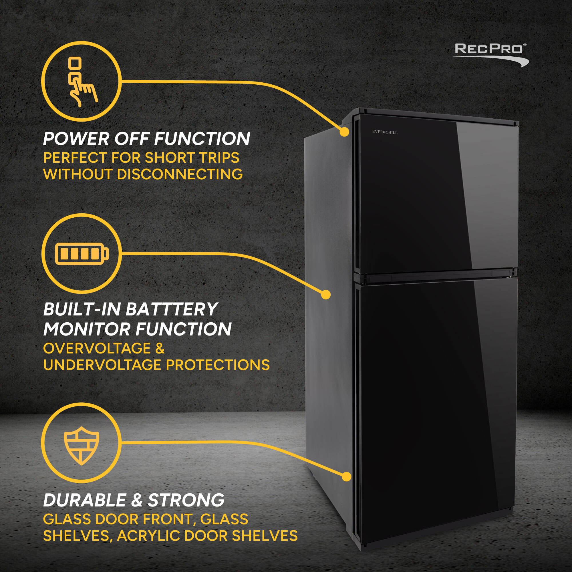 Power off function, Built-in battery, Durable and strong