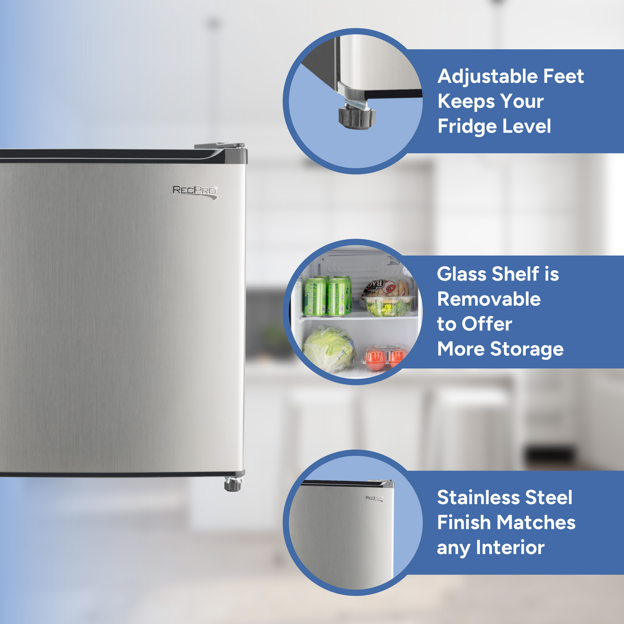 Adjustable Feet, Glass Shelf is Removable, Stainless Steel Finish